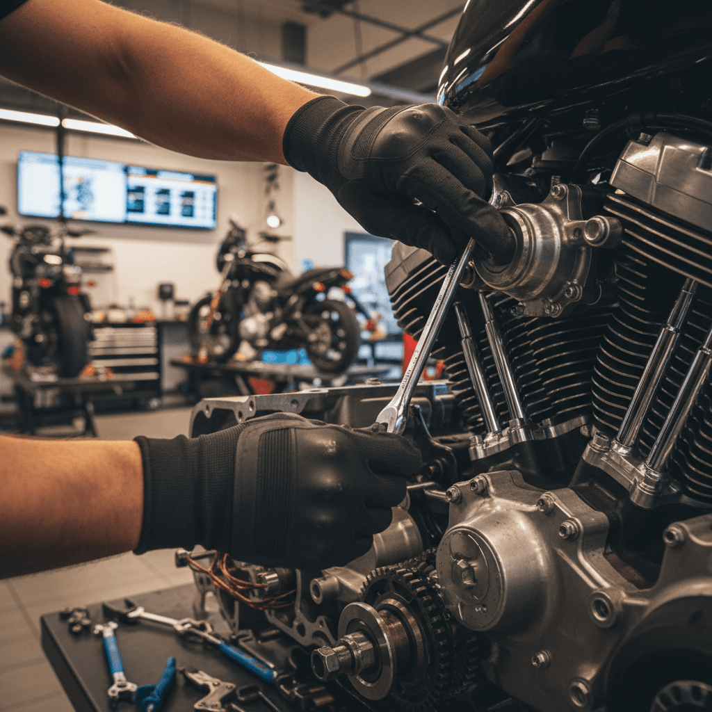 Motorcycle technician's hands performing detailed engine maintenance with precision tools in professional service bay