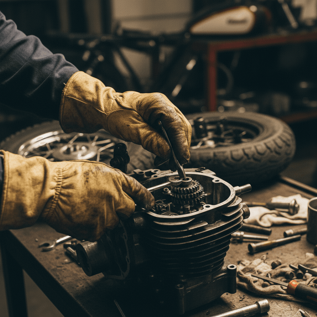 Mechanic inspecting two-wheeler spare parts